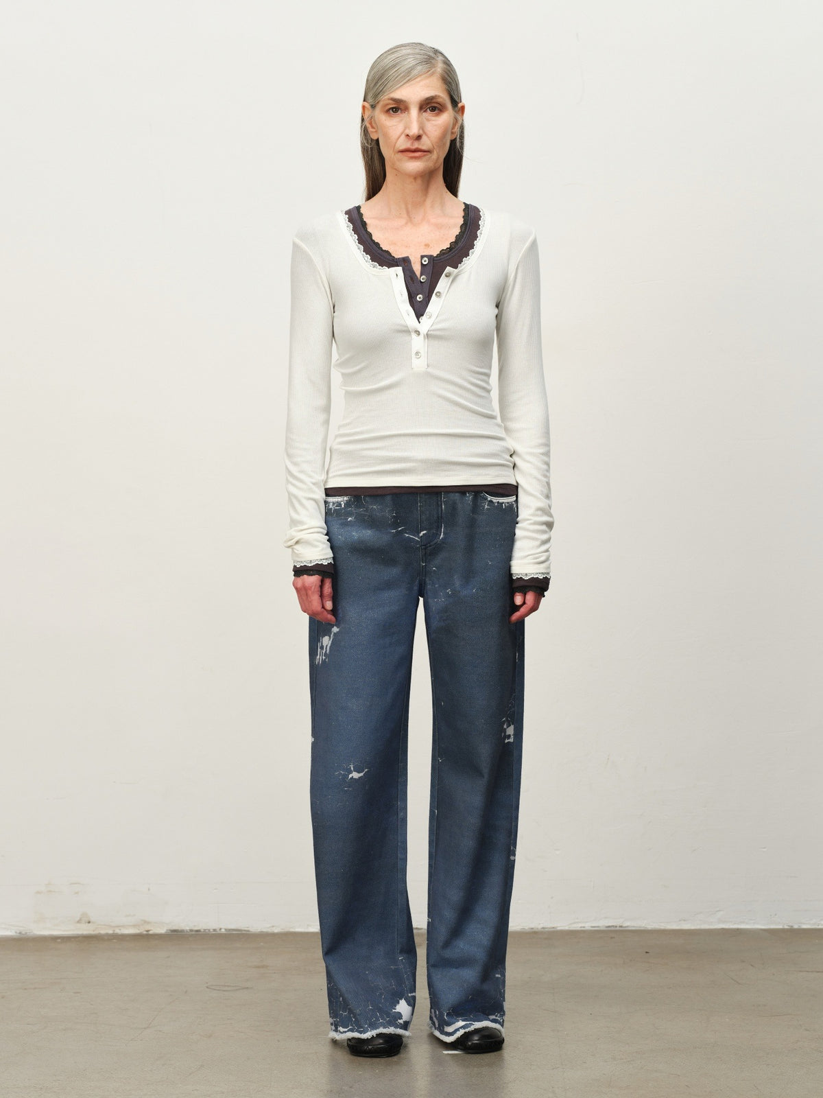 Wool-Blend Lace-Cuff Henley Top