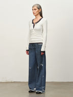 Wool-Blend Lace-Cuff Henley Top