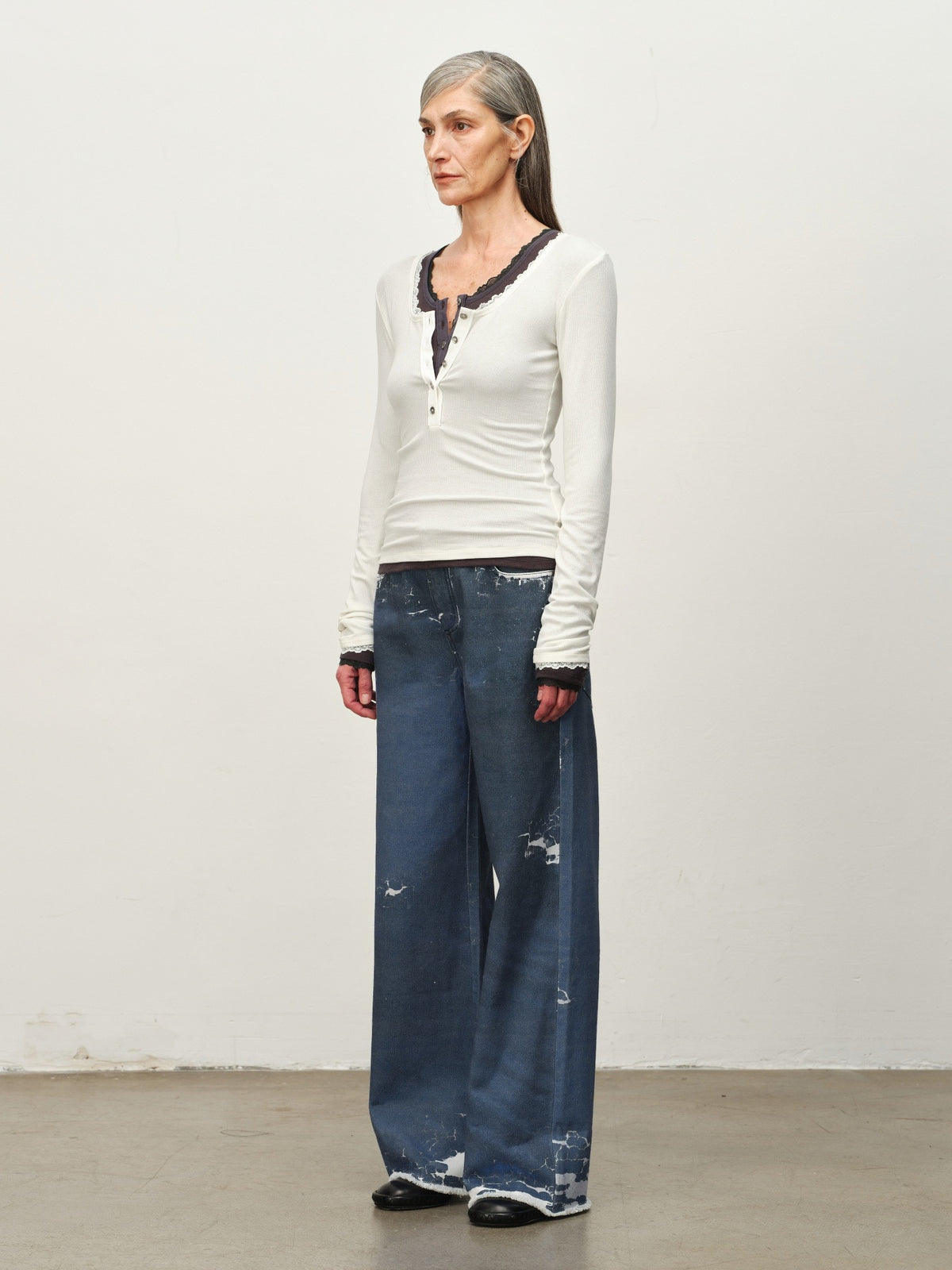 Wool-Blend Lace-Cuff Henley Top