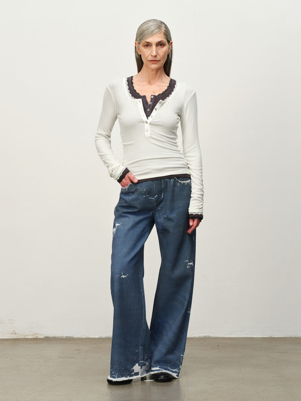 Wool-Blend Lace-Cuff Henley Top
