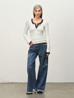 Wool-Blend Lace-Cuff Henley Top