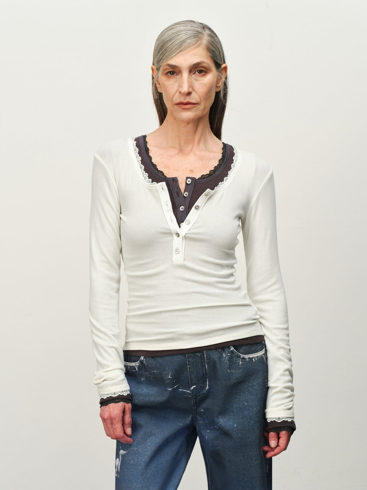 Wool-Blend Lace-Cuff Henley Top