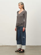 Tie-Hem V-Neck Long-Sleeve Tee