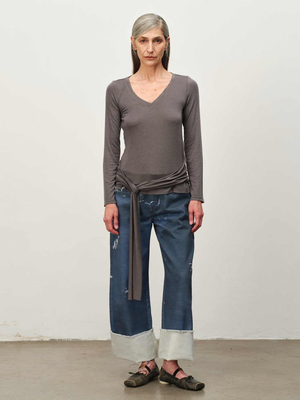 Tie-Hem V-Neck Long-Sleeve Tee