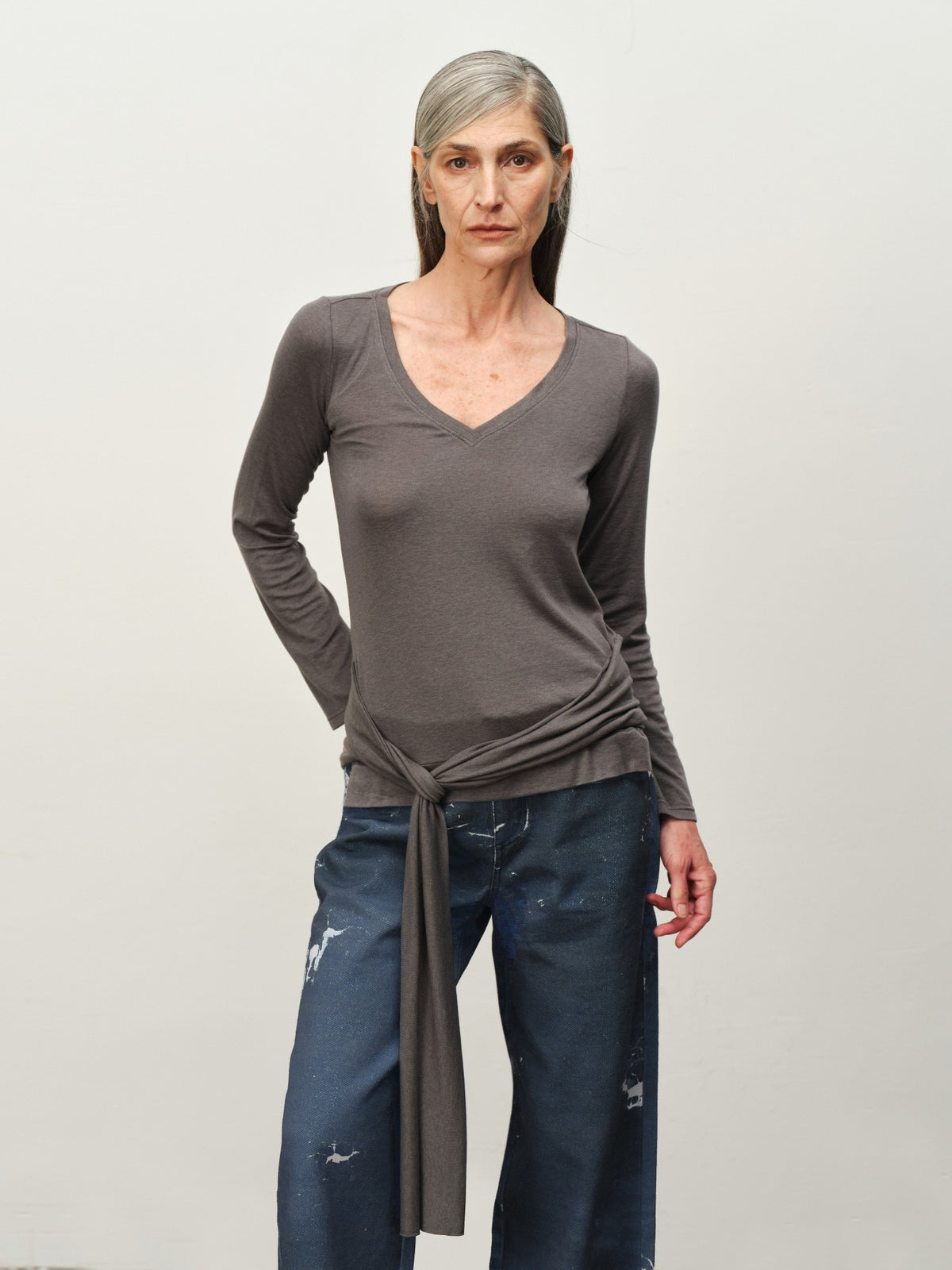Tie-Hem V-Neck Long-Sleeve Tee