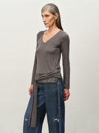 Tie-Hem V-Neck Long-Sleeve Tee