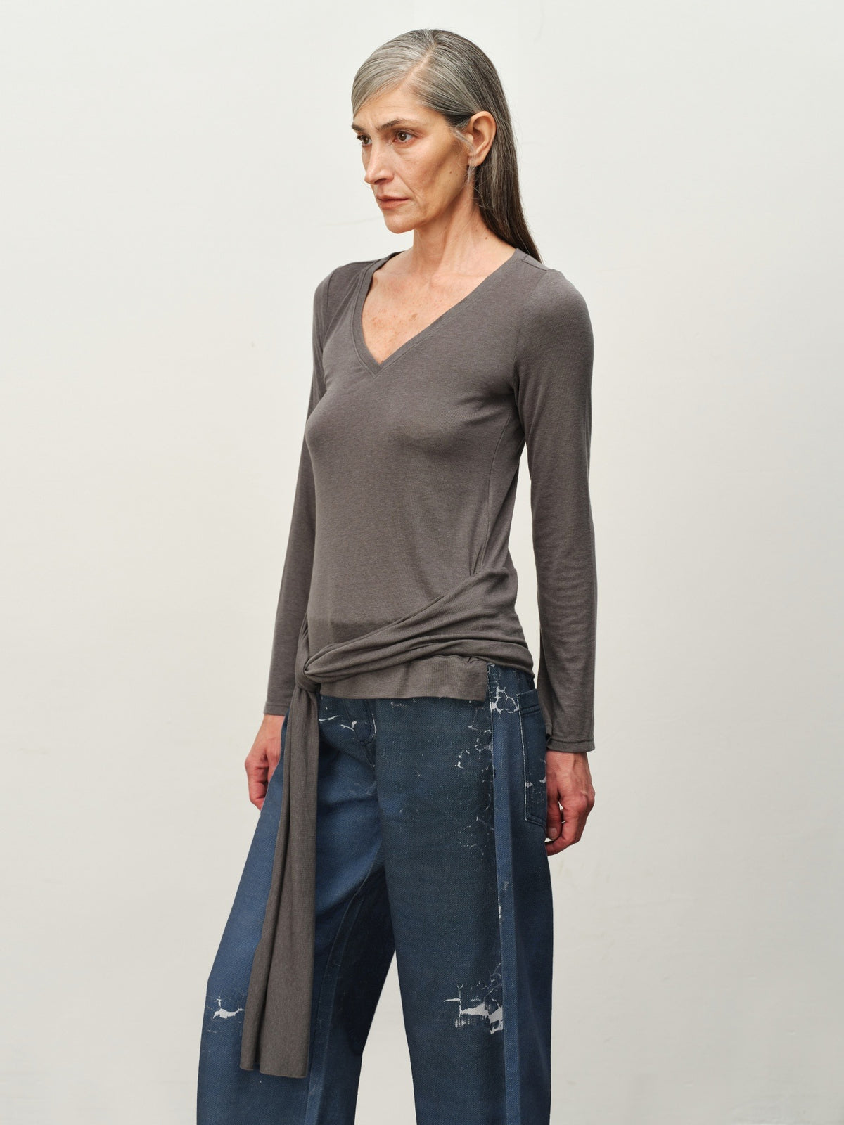 Tie-Hem V-Neck Long-Sleeve Tee