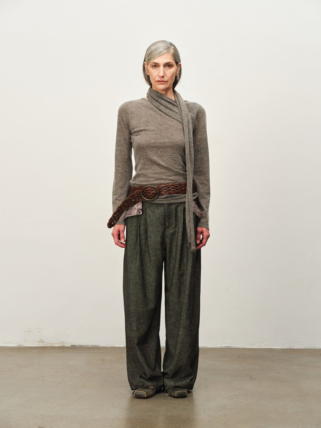Wool Scarf-Collar Knit Sweater