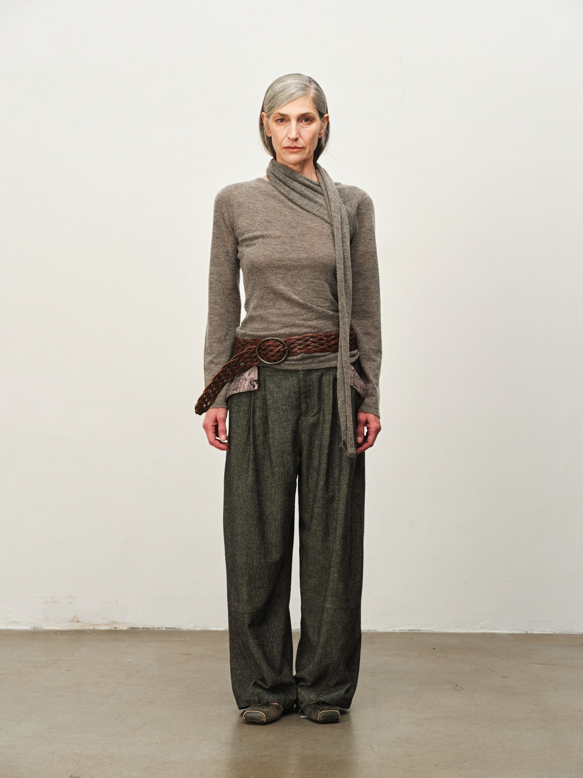 Wool Scarf-Collar Knit Sweater