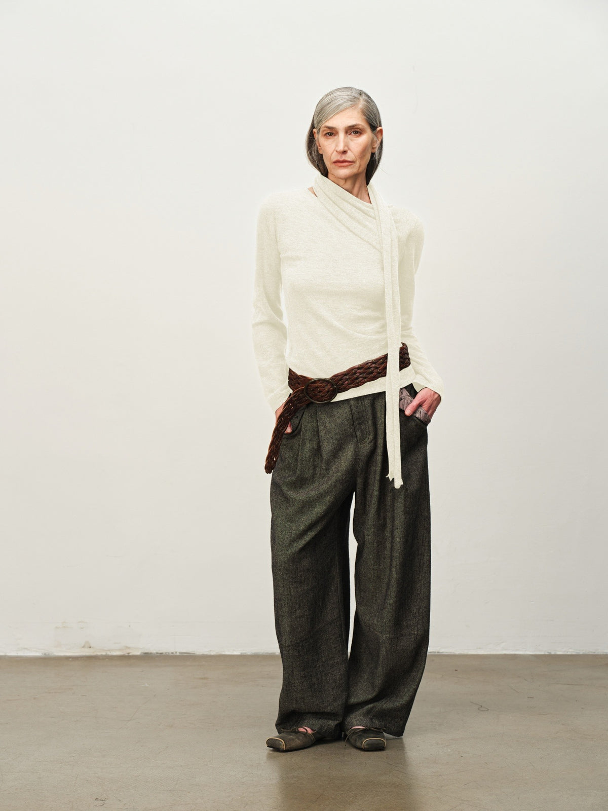 Wool Scarf-Collar Knit Sweater