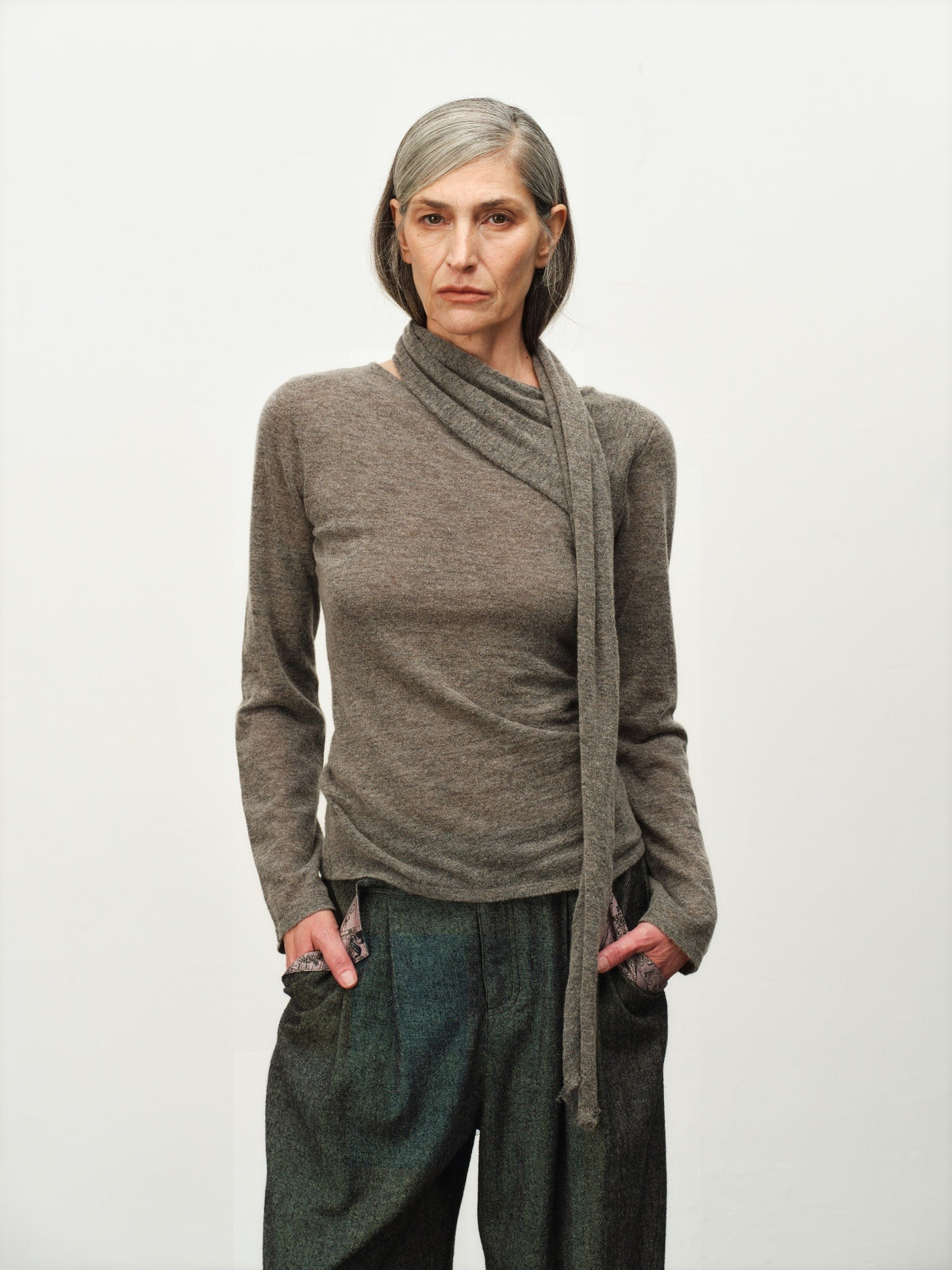 Wool Scarf-Collar Knit Sweater