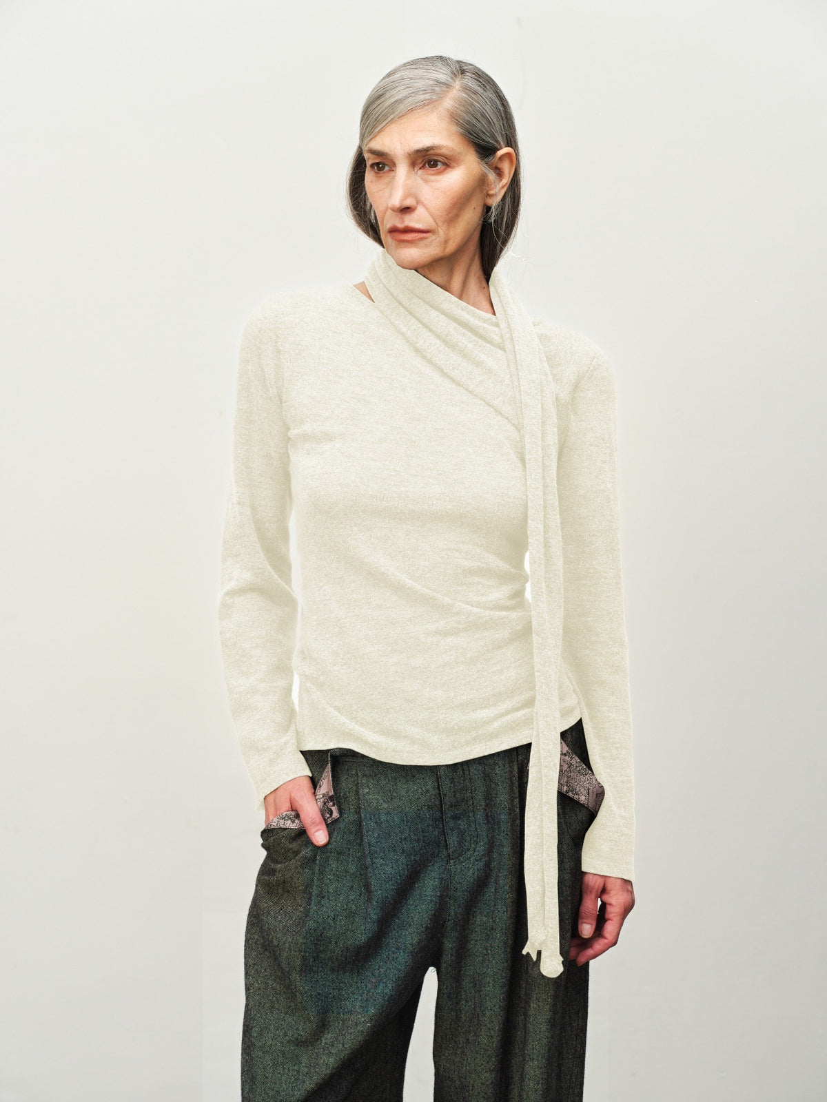 Wool Scarf-Collar Knit Sweater