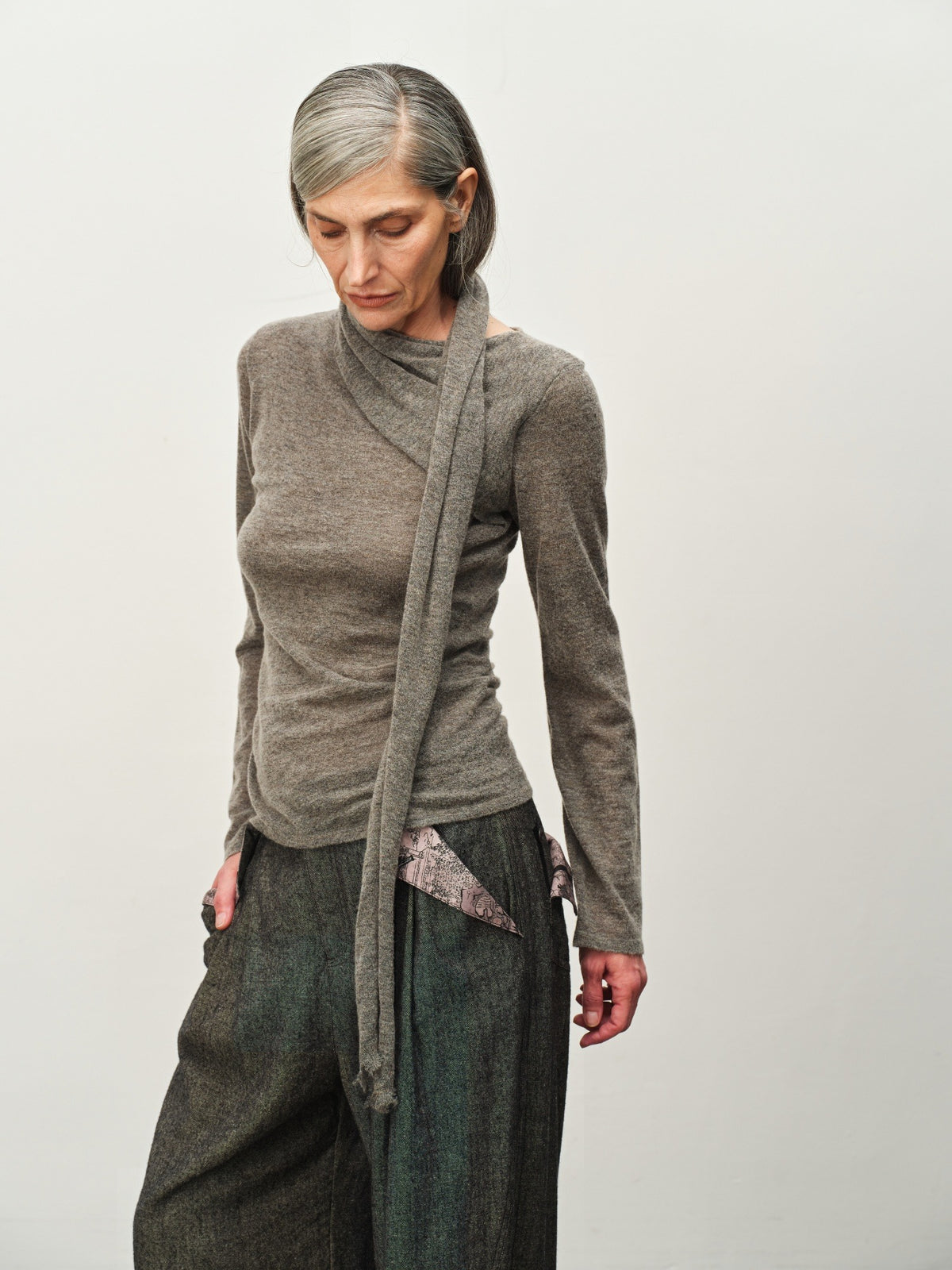 Wool Scarf-Collar Knit Sweater