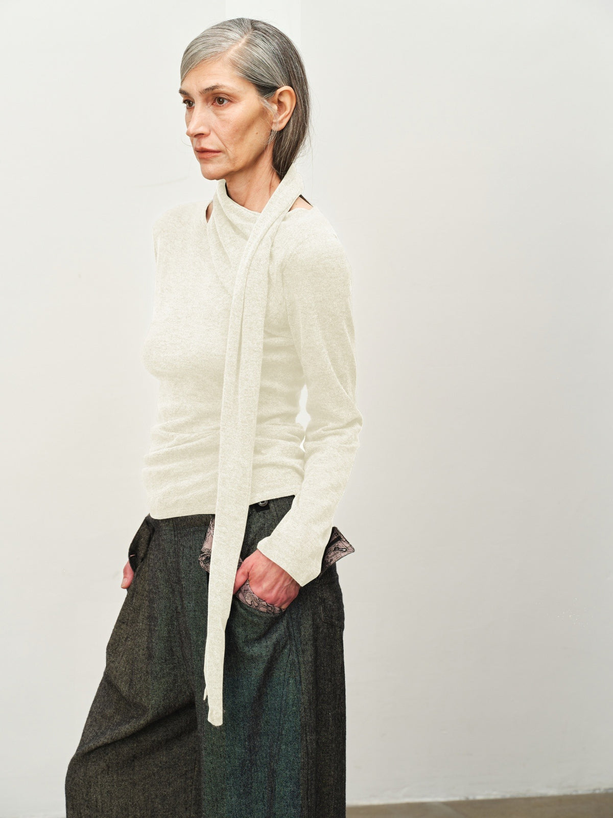 Wool Scarf-Collar Knit Sweater