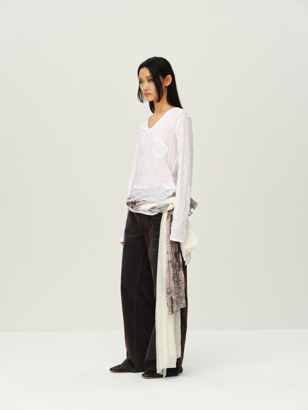 Crinkled Sheer V-Neck Long-Sleeve Top