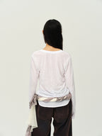 Crinkled Sheer V-Neck Long-Sleeve Top