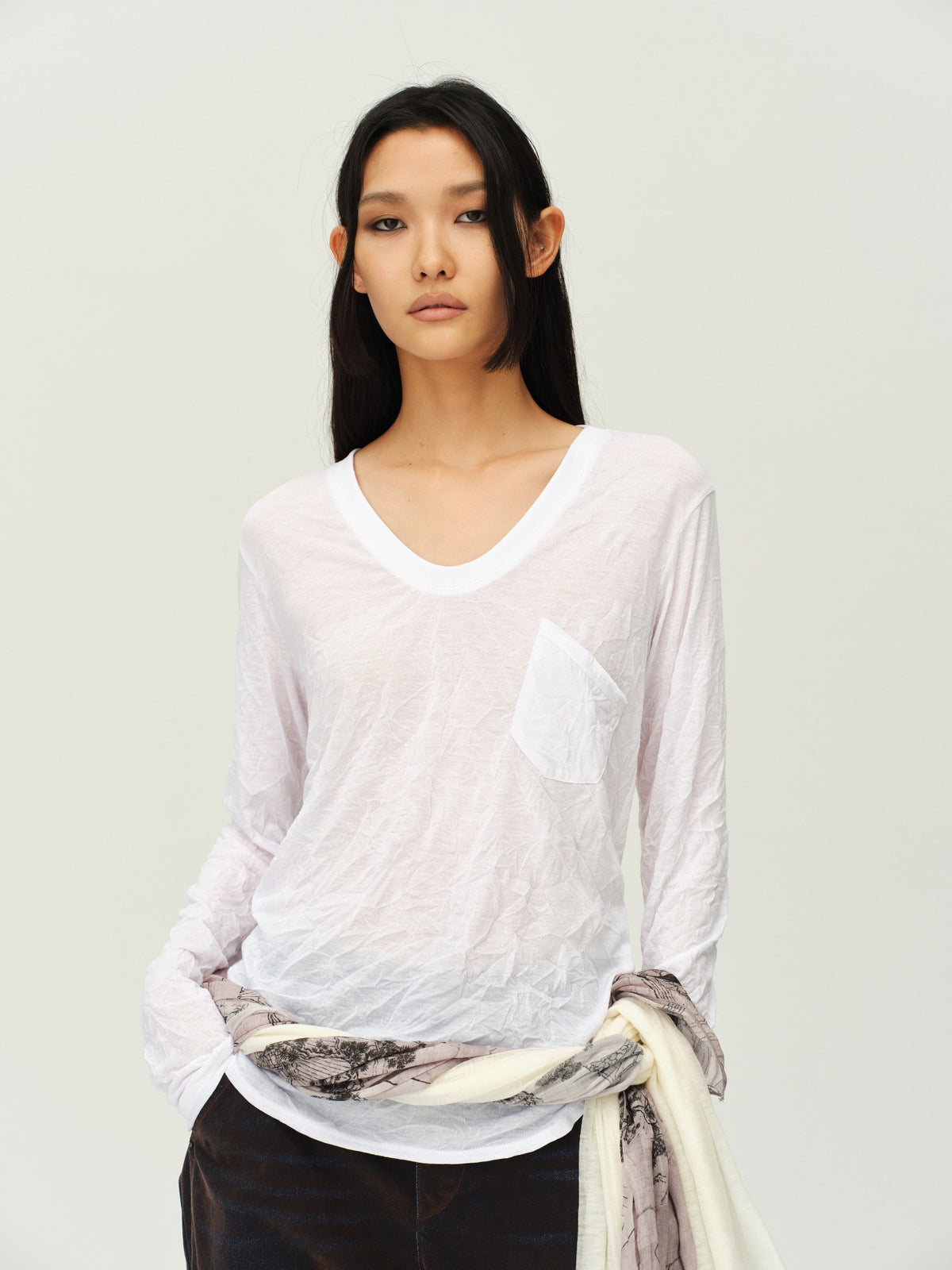 Crinkled Sheer V-Neck Long-Sleeve Top