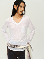 Crinkled Sheer V-Neck Long-Sleeve Top