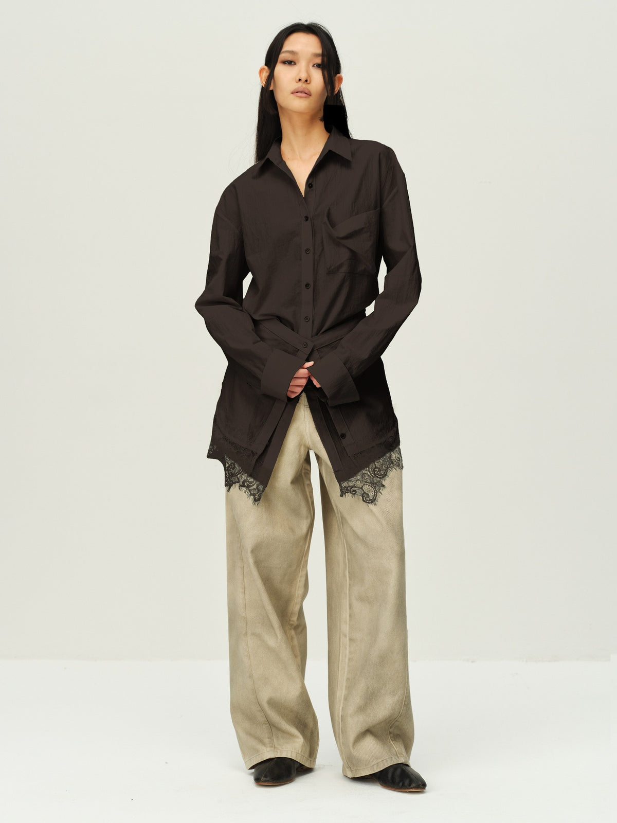 Faux Two-Piece Lace-Layered Shirt Dress