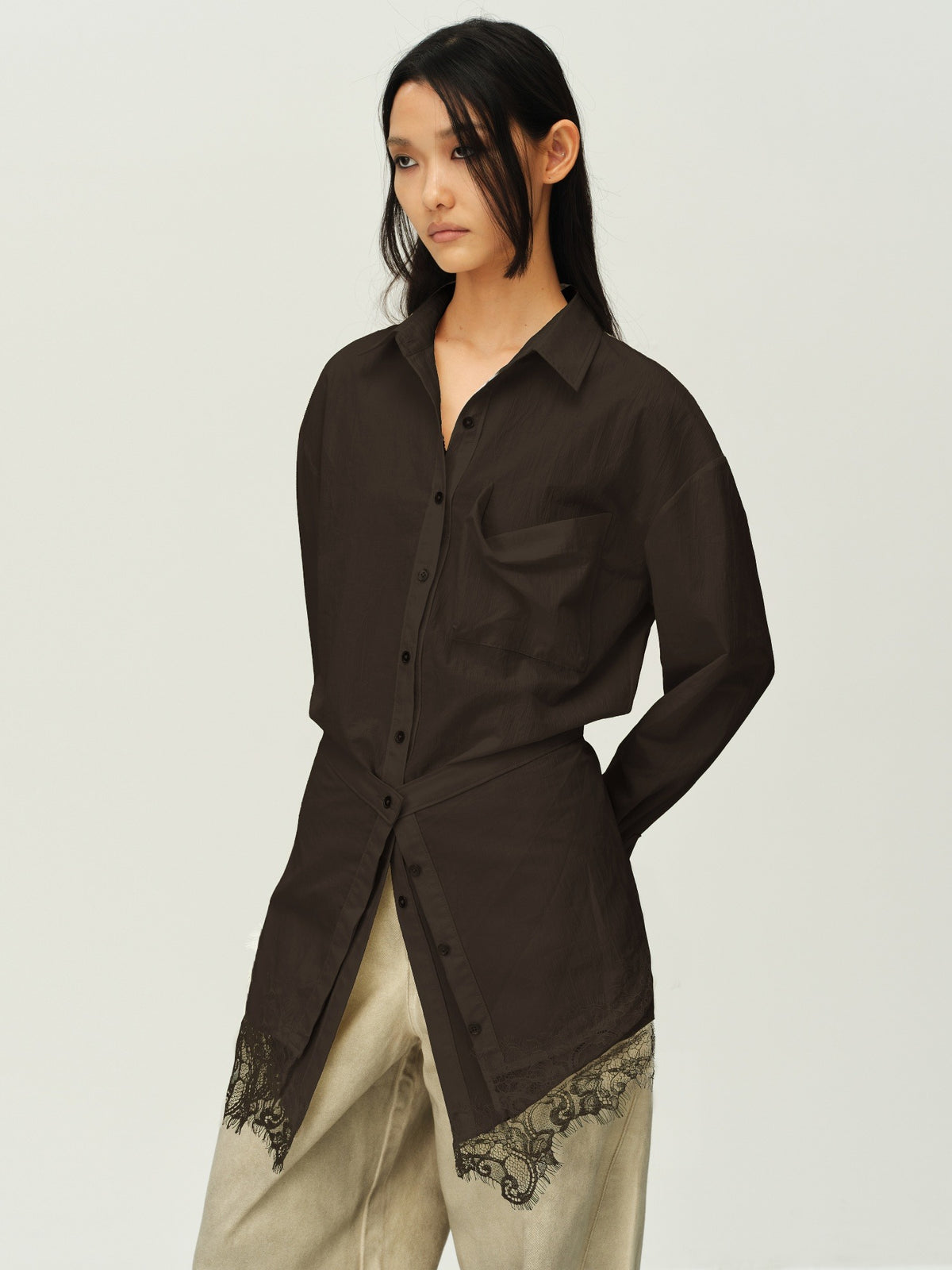 Faux Two-Piece Lace-Layered Shirt Dress