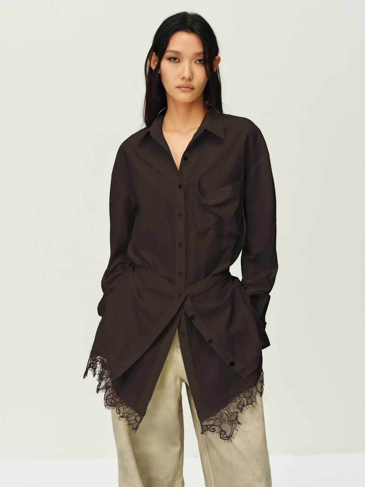 Faux Two-Piece Lace-Layered Shirt Dress