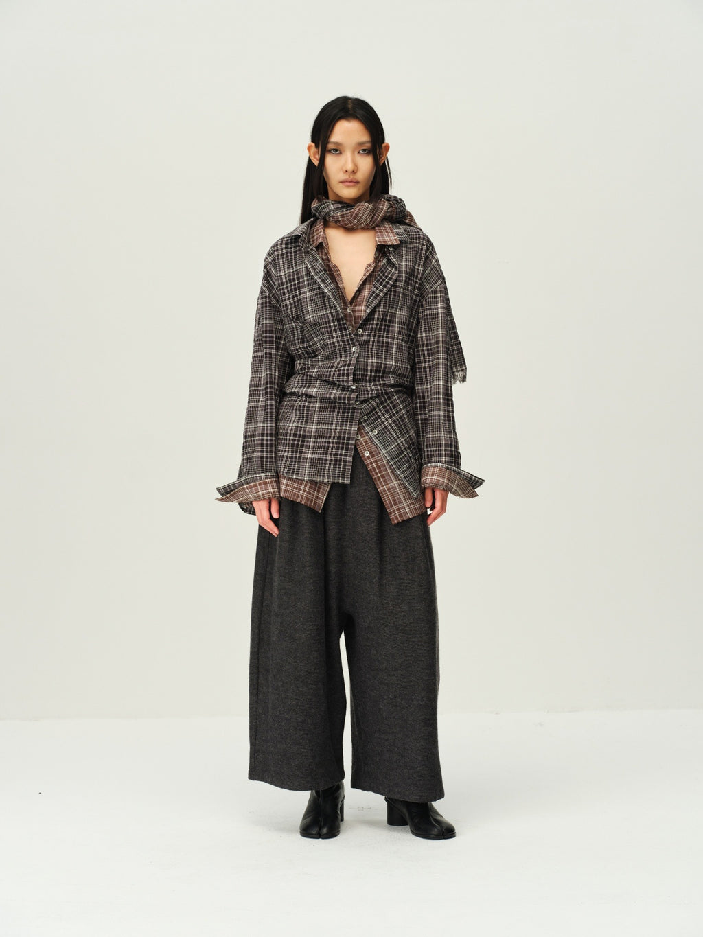 Vintage Plaid Scarf-Collar Shirt