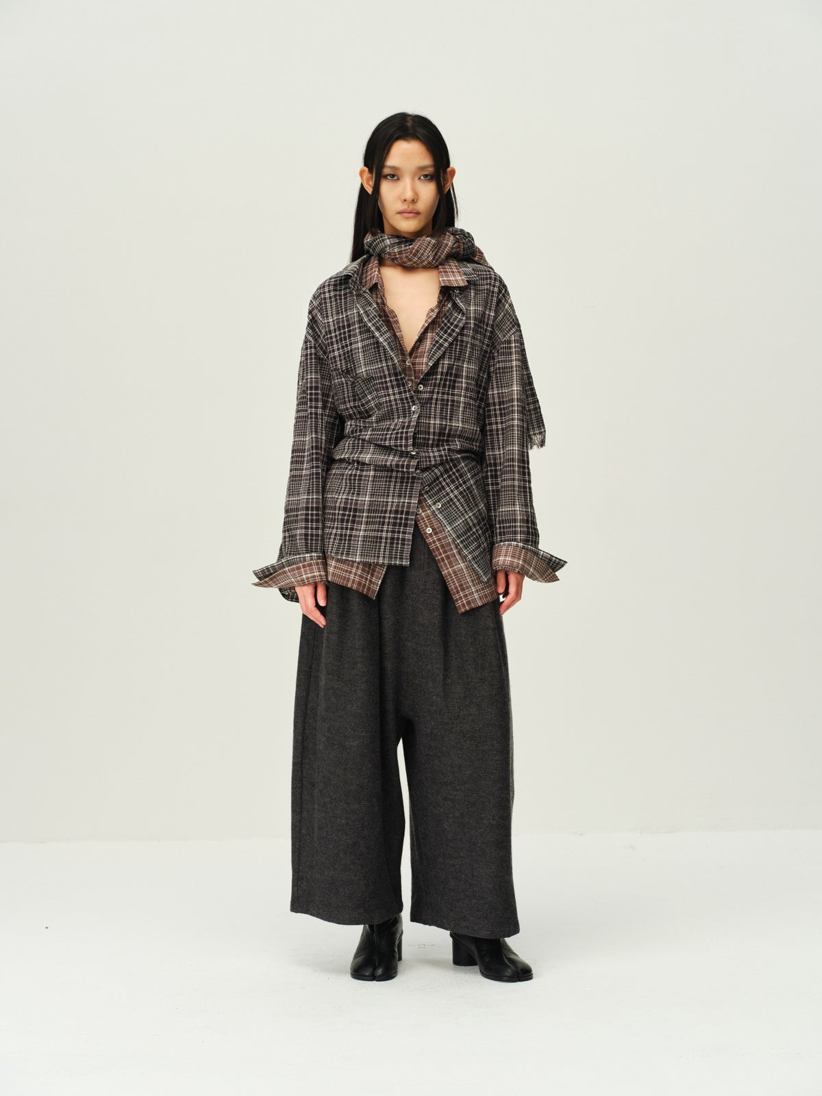 Vintage Plaid Scarf-Collar Shirt