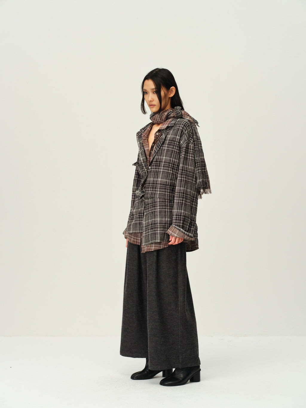 Vintage Plaid Scarf-Collar Shirt