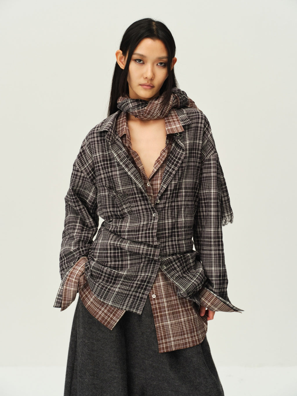 Vintage Plaid Scarf-Collar Shirt