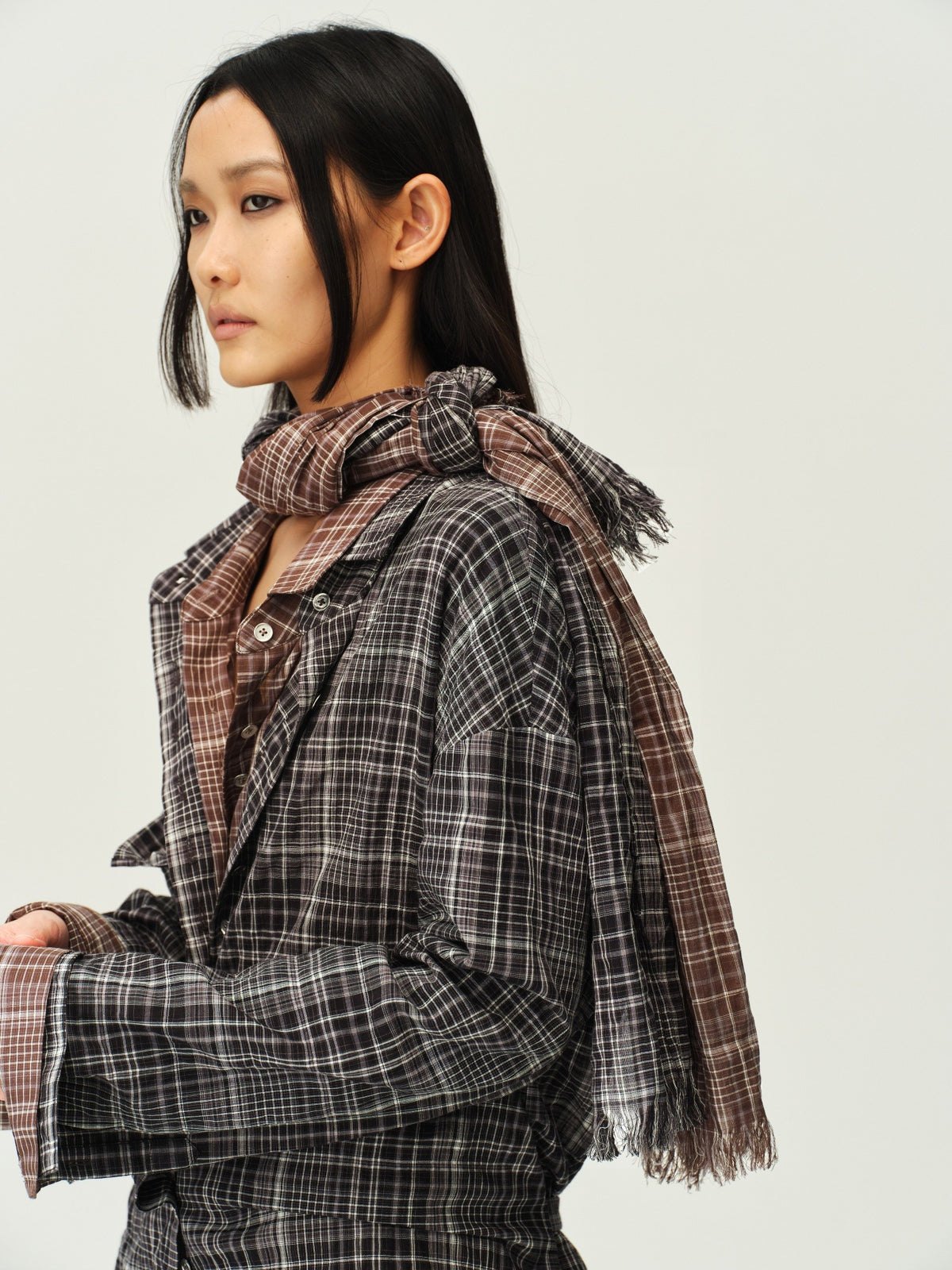 Vintage Plaid Scarf-Collar Shirt