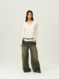 Embroidered Hem Washed Wide-Leg Jeans