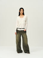 Embroidered Hem Washed Wide-Leg Jeans
