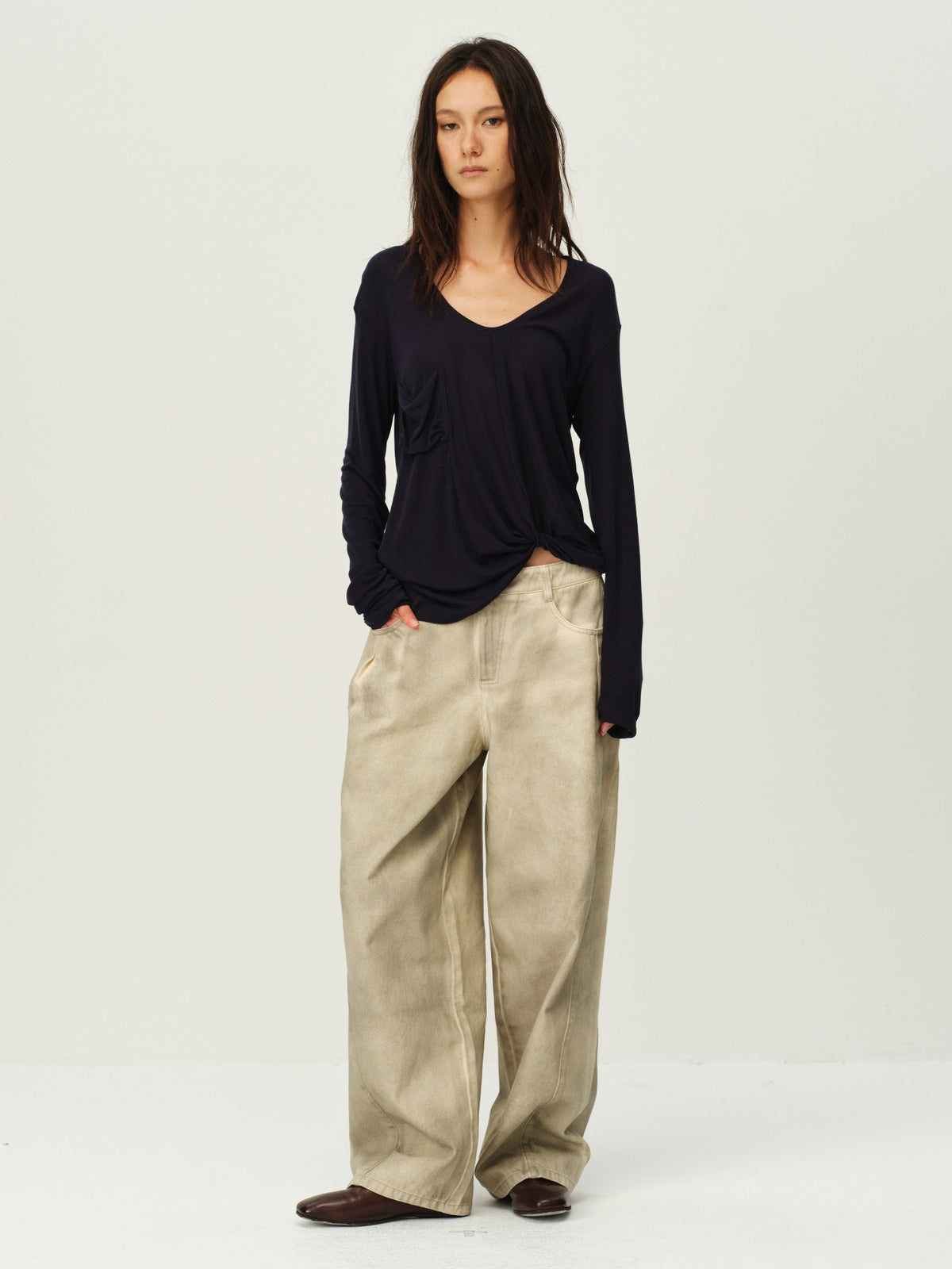 Twist-Hem U-Neck Long-Sleeve Tee