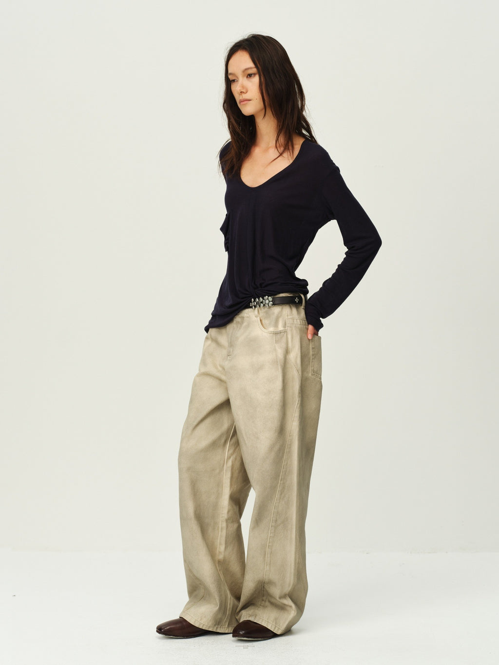Twist-Hem U-Neck Long-Sleeve Tee