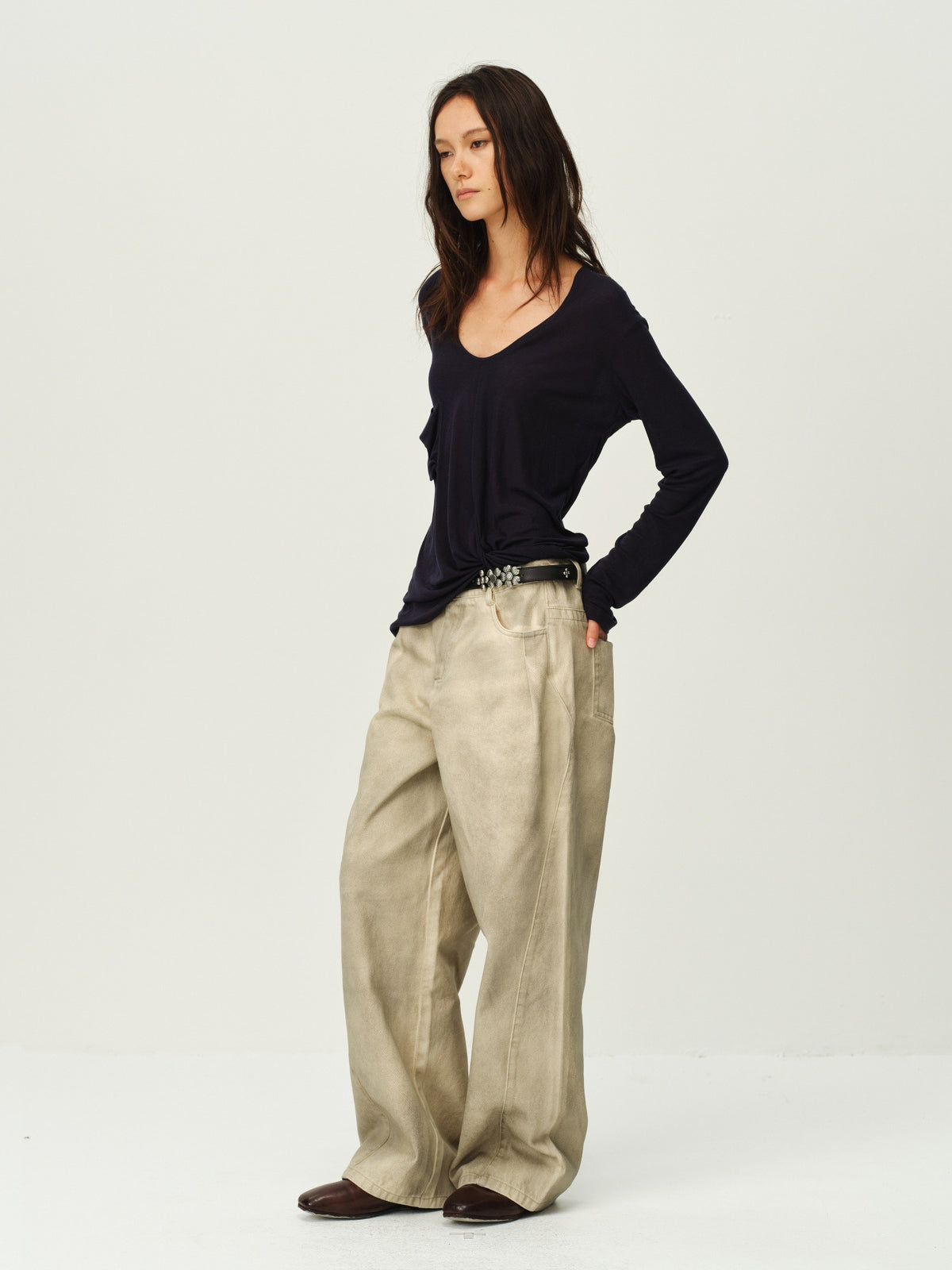 Twist-Hem U-Neck Long-Sleeve Tee