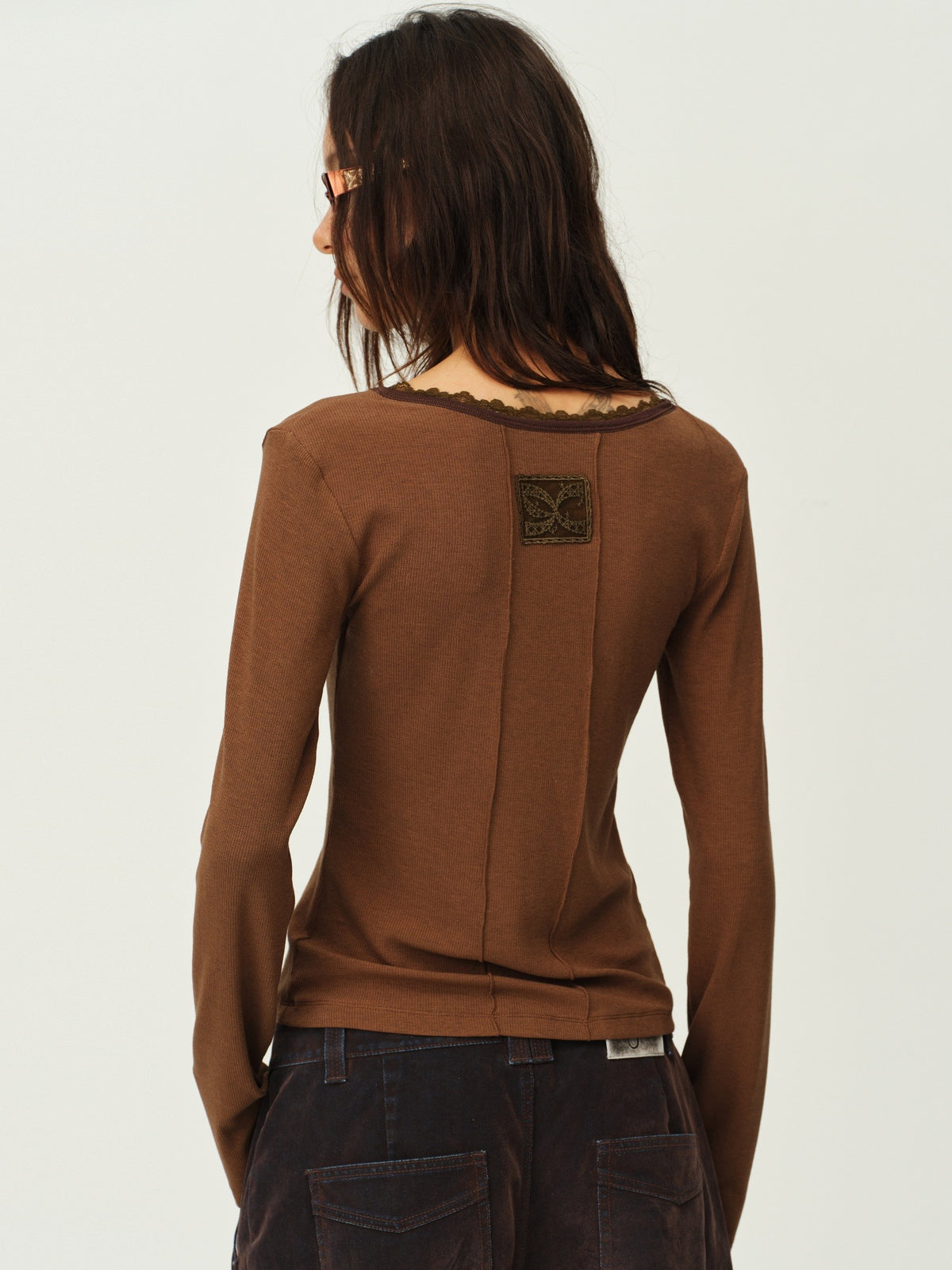 Wool-Blend Lace-Cuff Henley Top