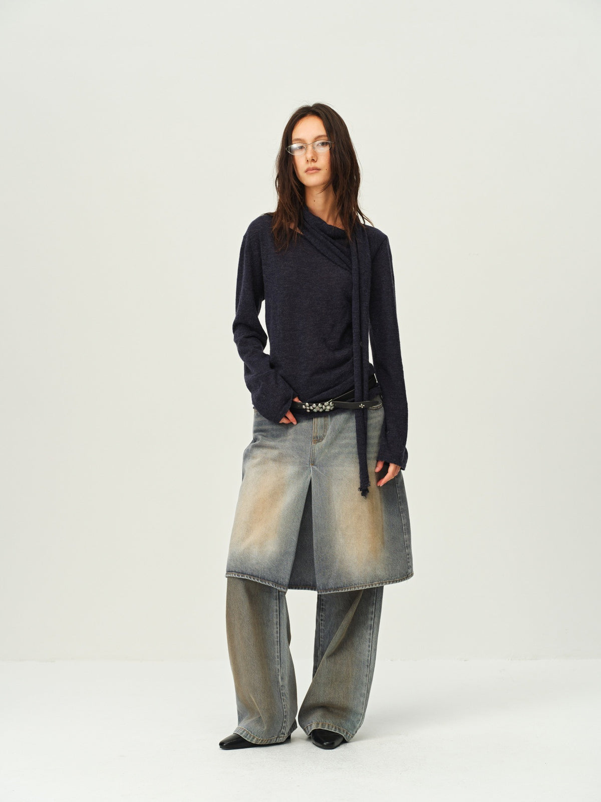 Wool Scarf-Collar Knit Sweater