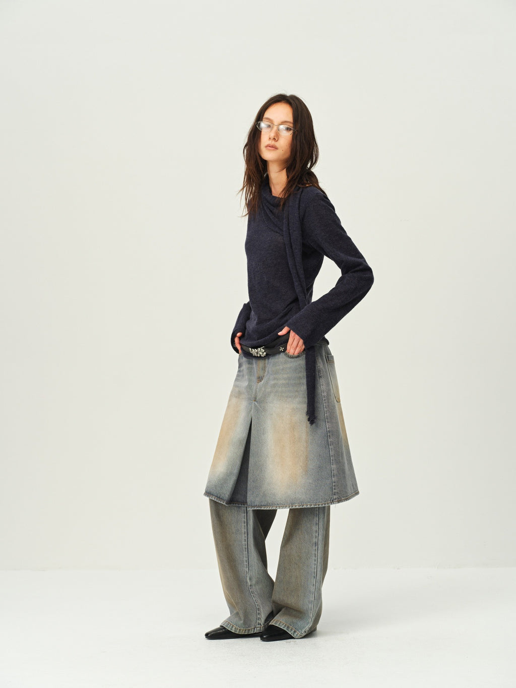 Wool Scarf-Collar Knit Sweater