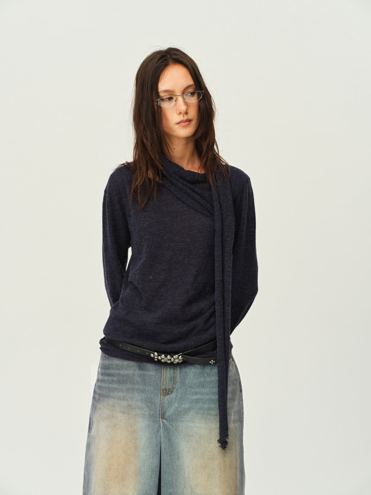 Wool Scarf-Collar Knit Sweater