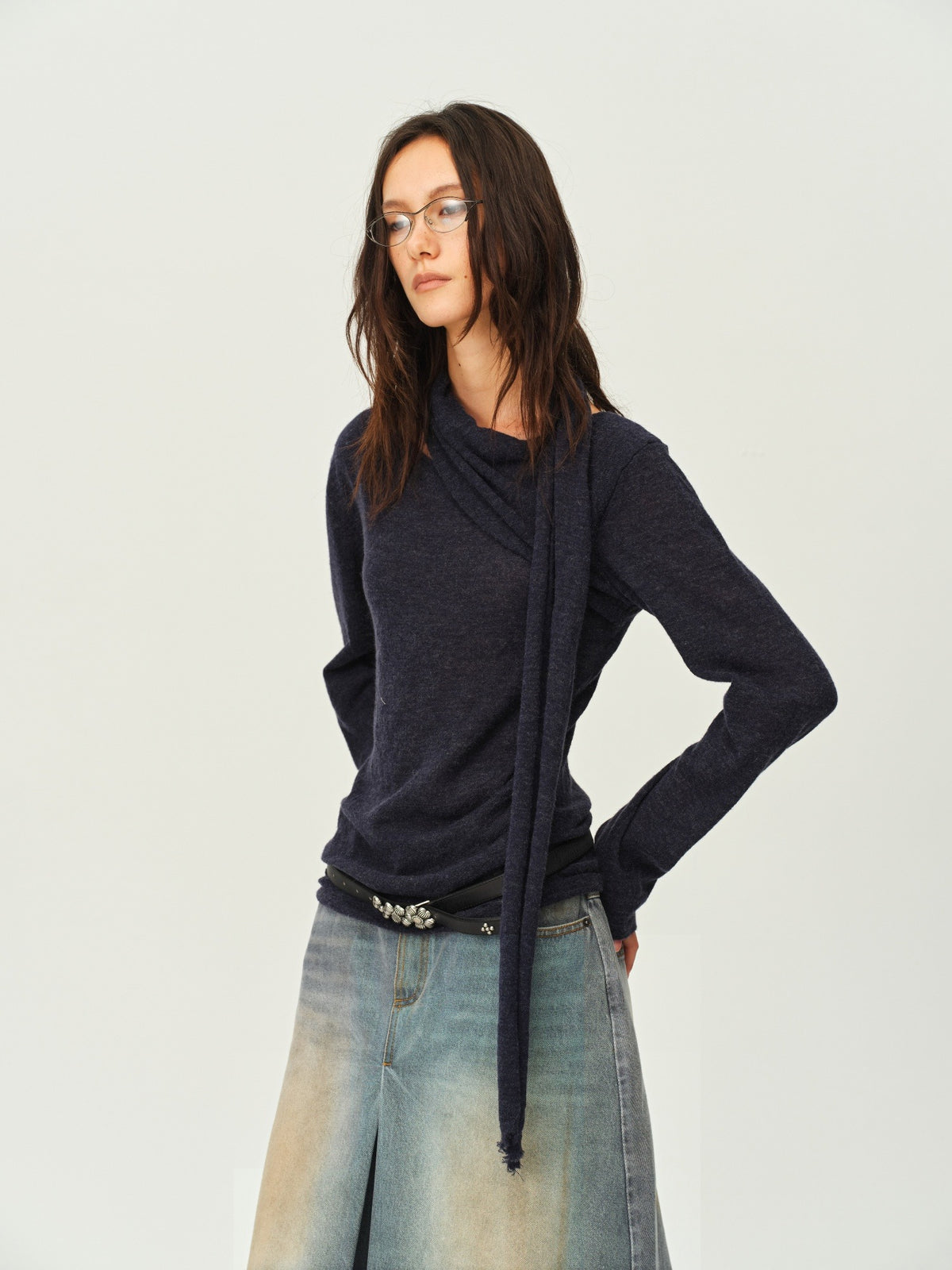 Wool Scarf-Collar Knit Sweater