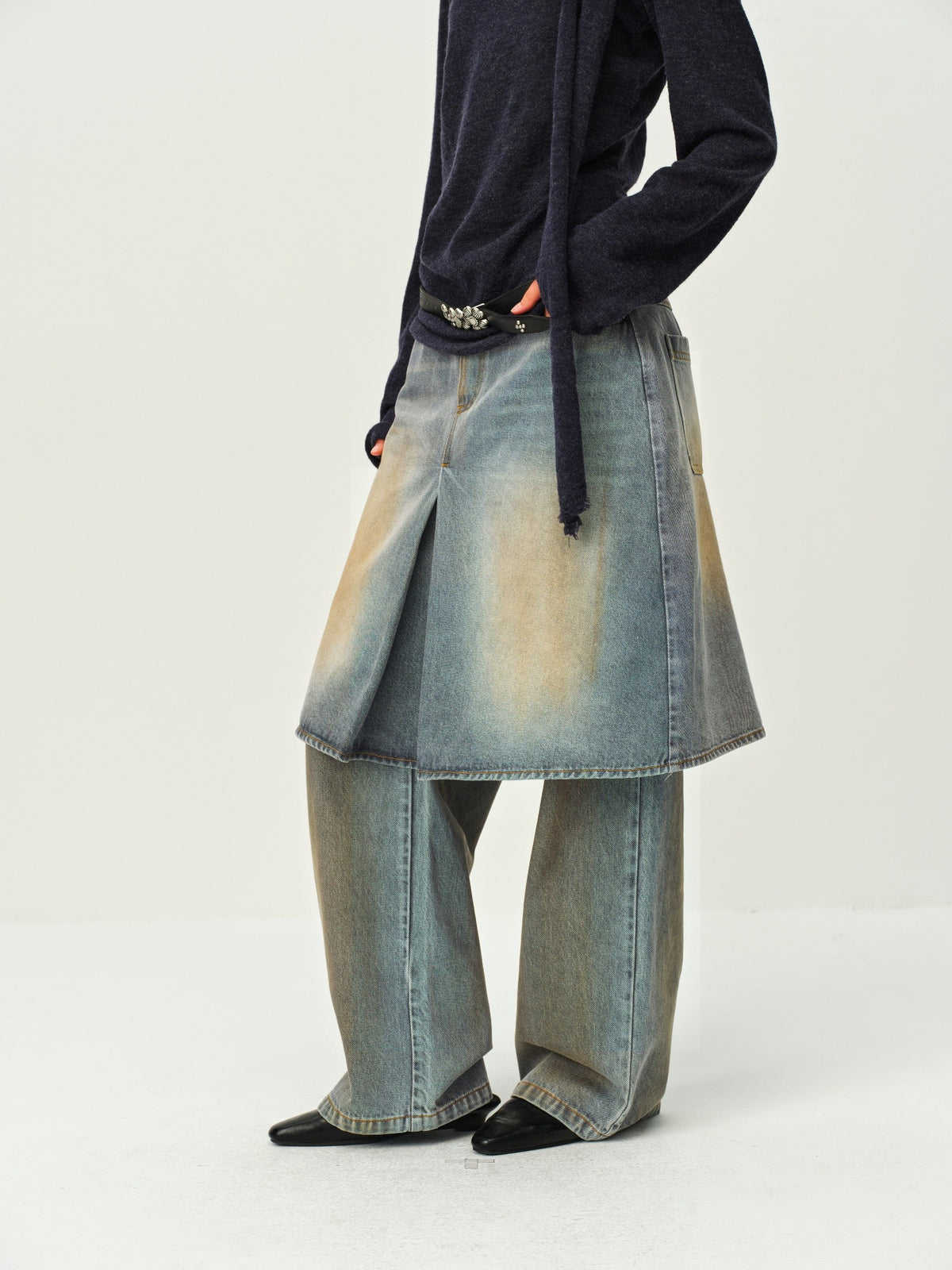 Faux Two-Piece Denim Culottes