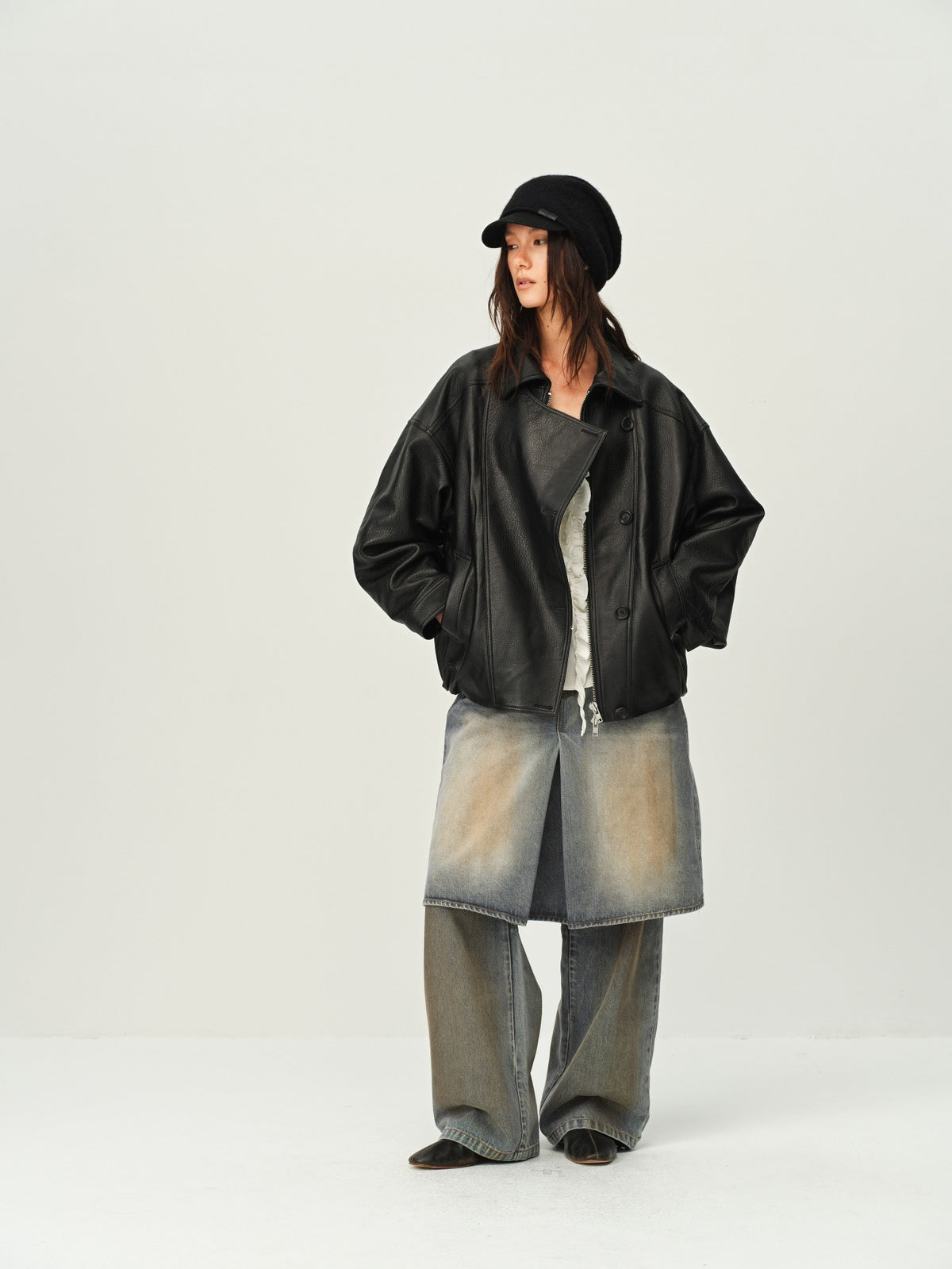 Gathered Hem Leather Jacket