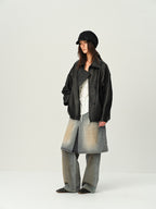 Gathered Hem Leather Jacket