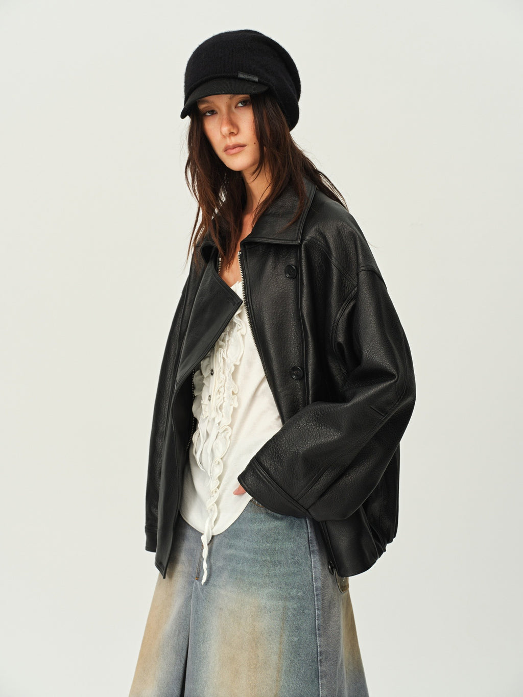 Gathered Hem Leather Jacket