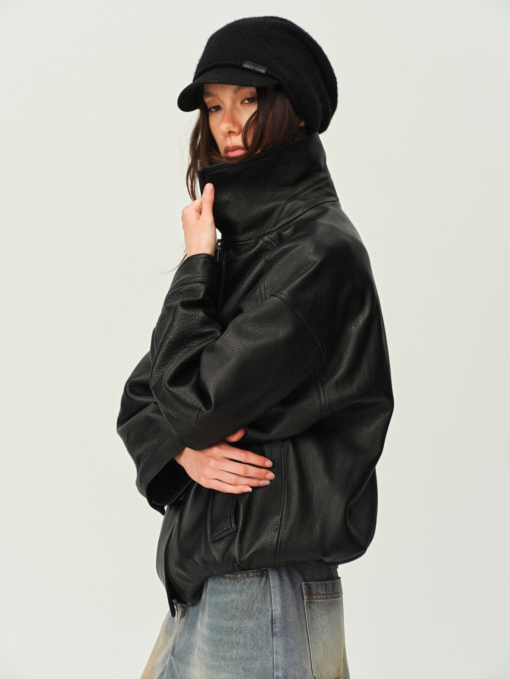 Gathered Hem Leather Jacket