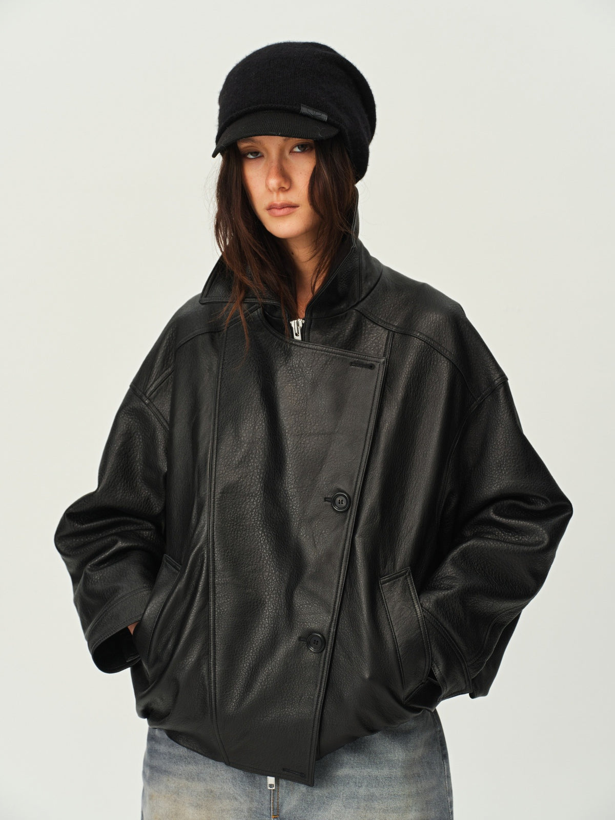 Gathered Hem Leather Jacket