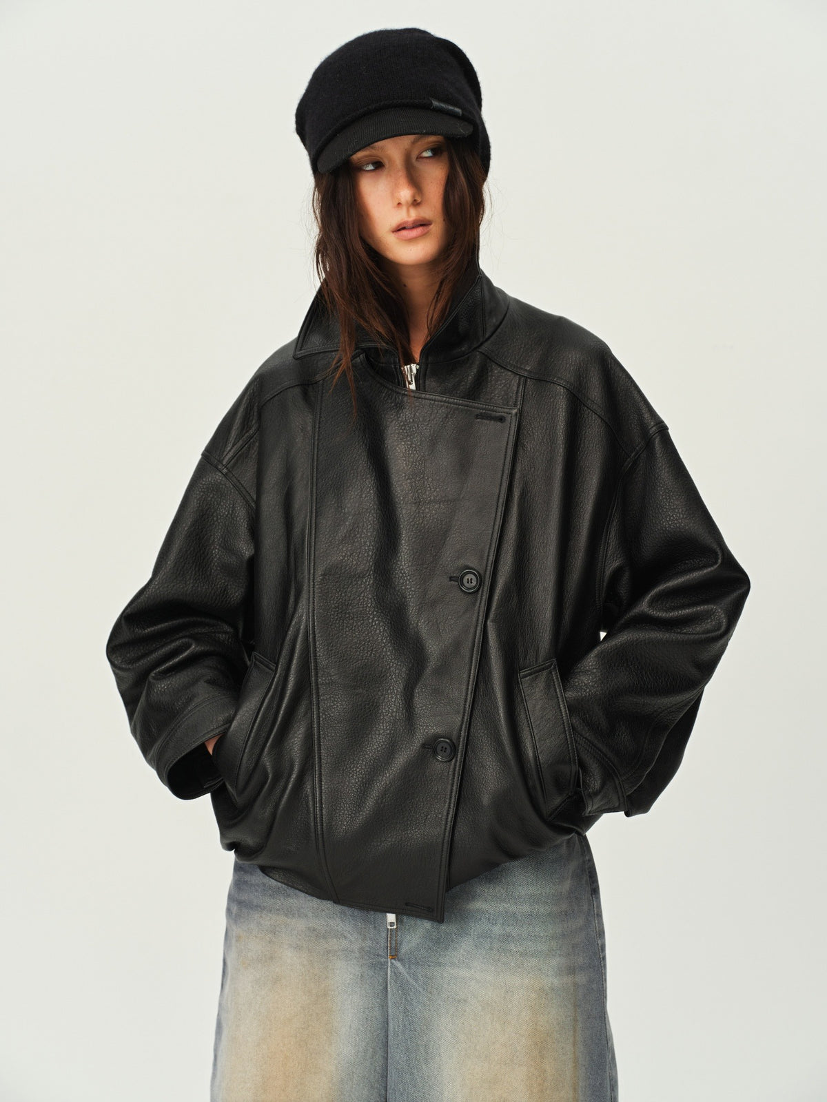 Gathered Hem Leather Jacket