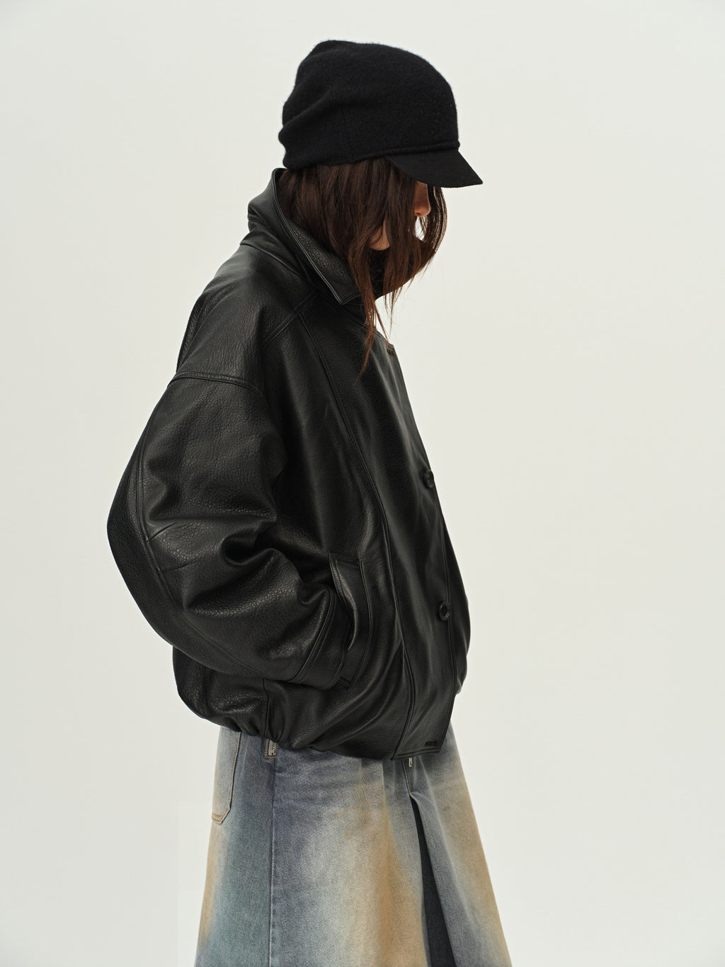 Gathered Hem Leather Jacket