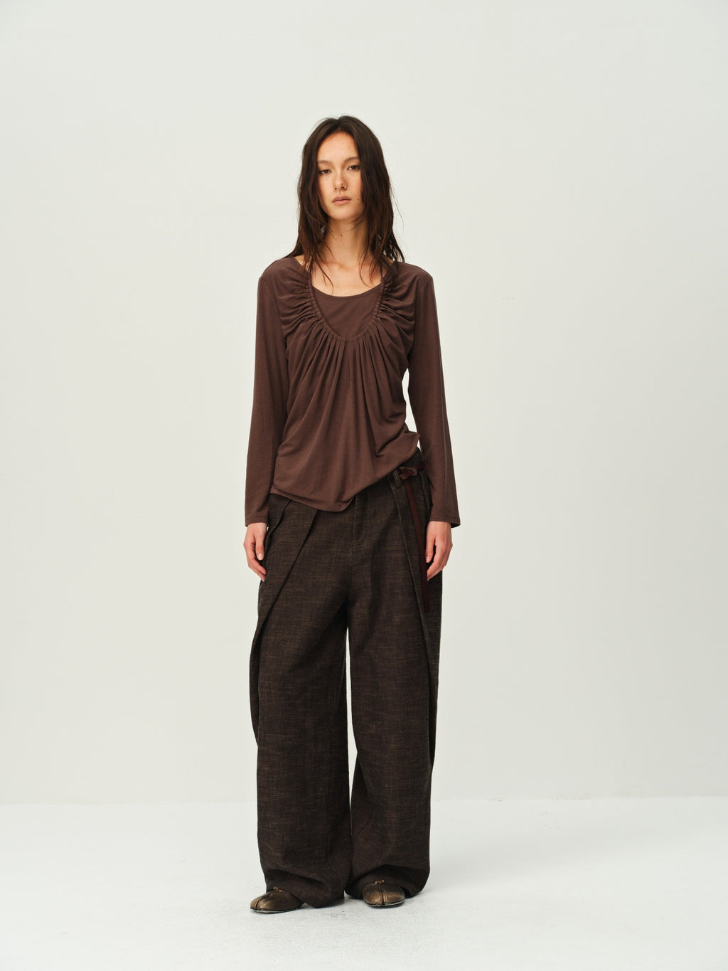 Draped Wide-Leg Cotton Pants