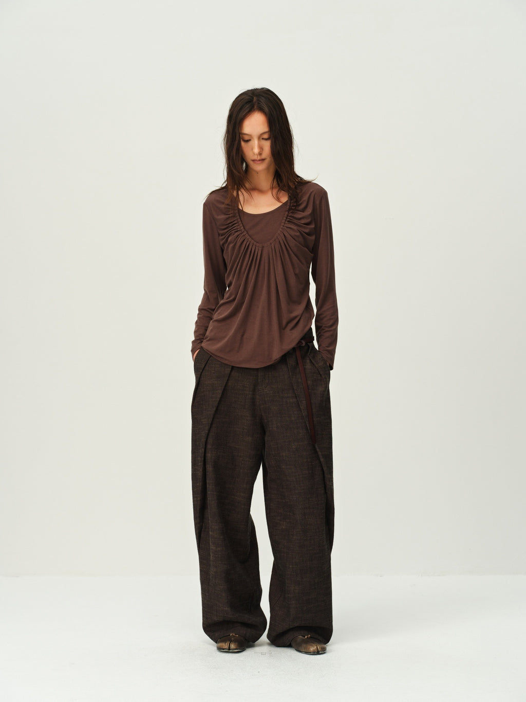 Draped Wide-Leg Cotton Pants